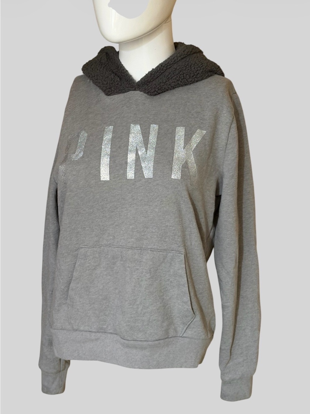 PINK Victoria's Secret Gray Sherpa-Lined Hoodie with Glitter Logo